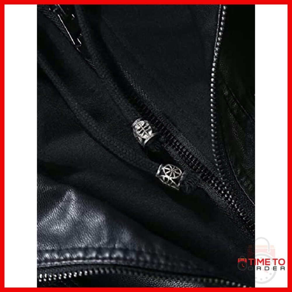 Faux Leather Moto Jacket with Detachable Hood, Zippered Pockets - Picture 7 of 8